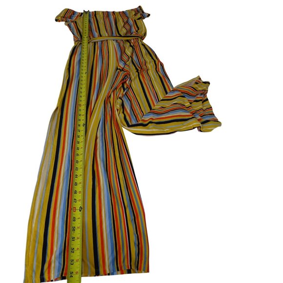 Eye Candy Multicolor Striped Off-Shoulder Jumpsuit Belted Size 1X Split Wide Leg - Picture 13 of 13